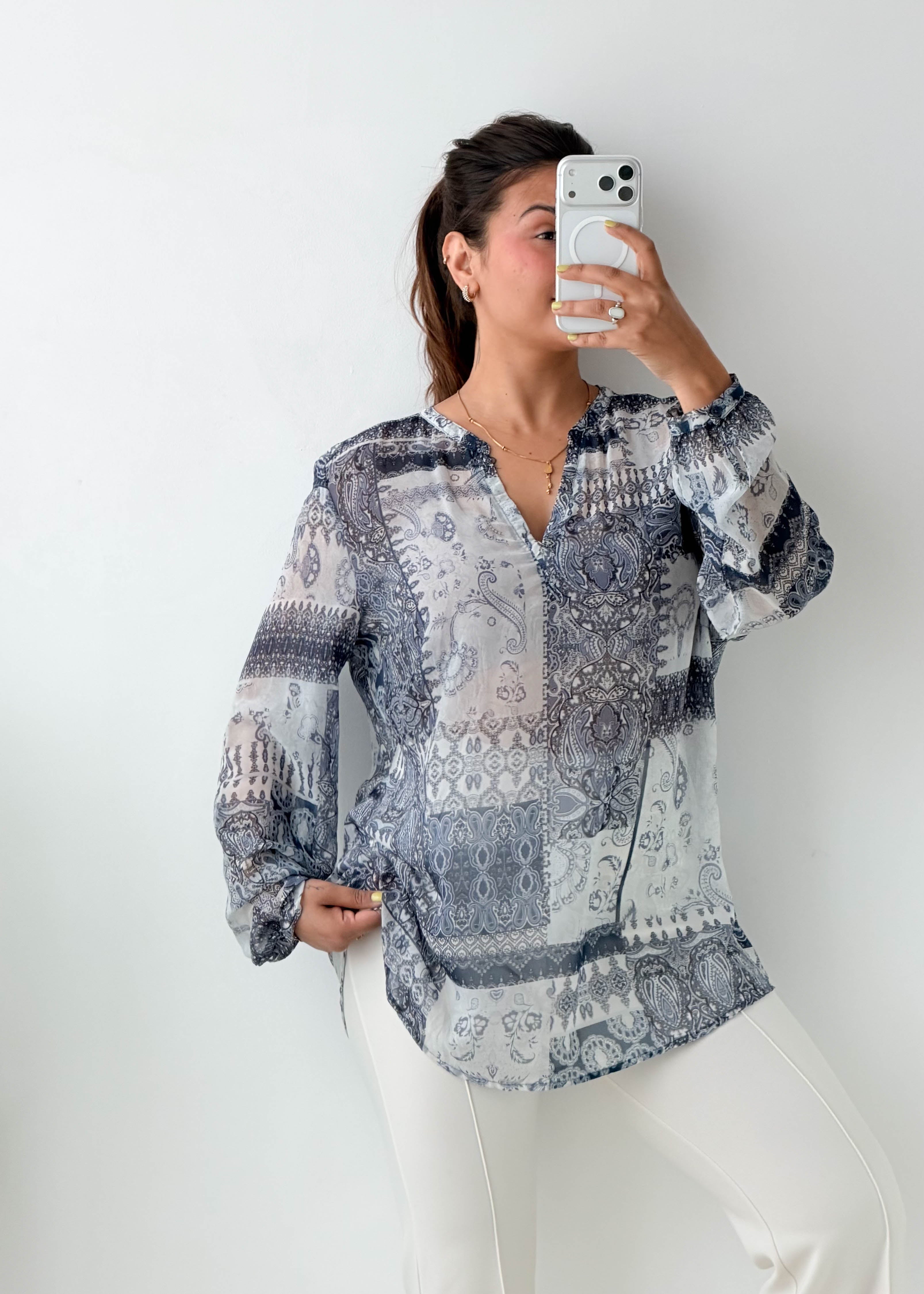 Size M-L Blue Paisley Chiffon Blouse
