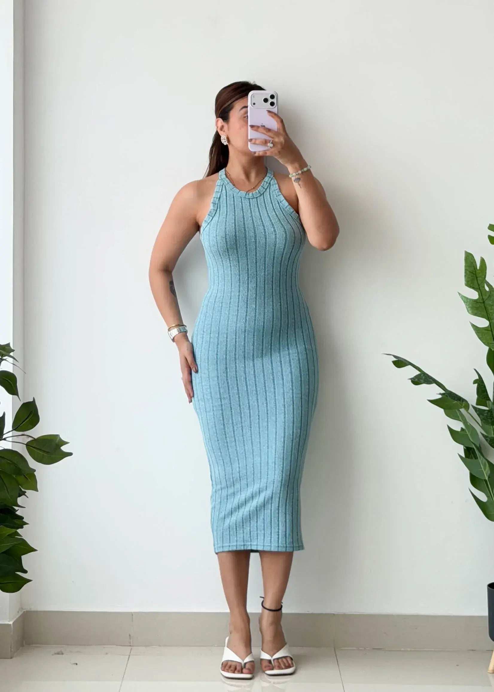 Size S-M, Blue Halter Neck Ribbed Midi Dress - Closet by Payal