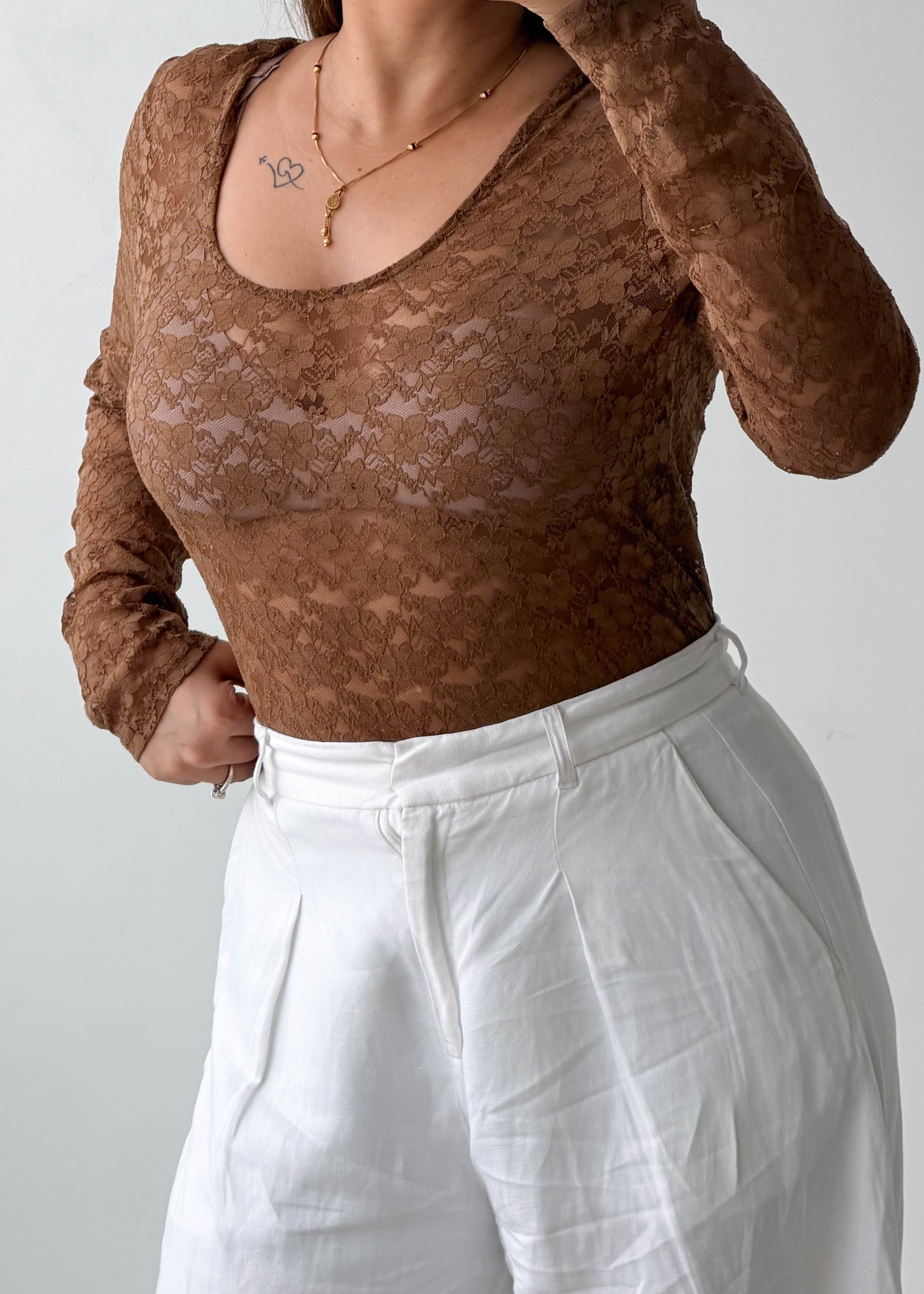 Size L-XL Brown Floral Lace Bodysuit