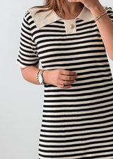 Size M-L Black & White Stripe Collared Knit Midi Dress