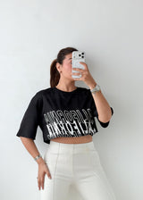 Size XS-M Black Graphic Crop Top