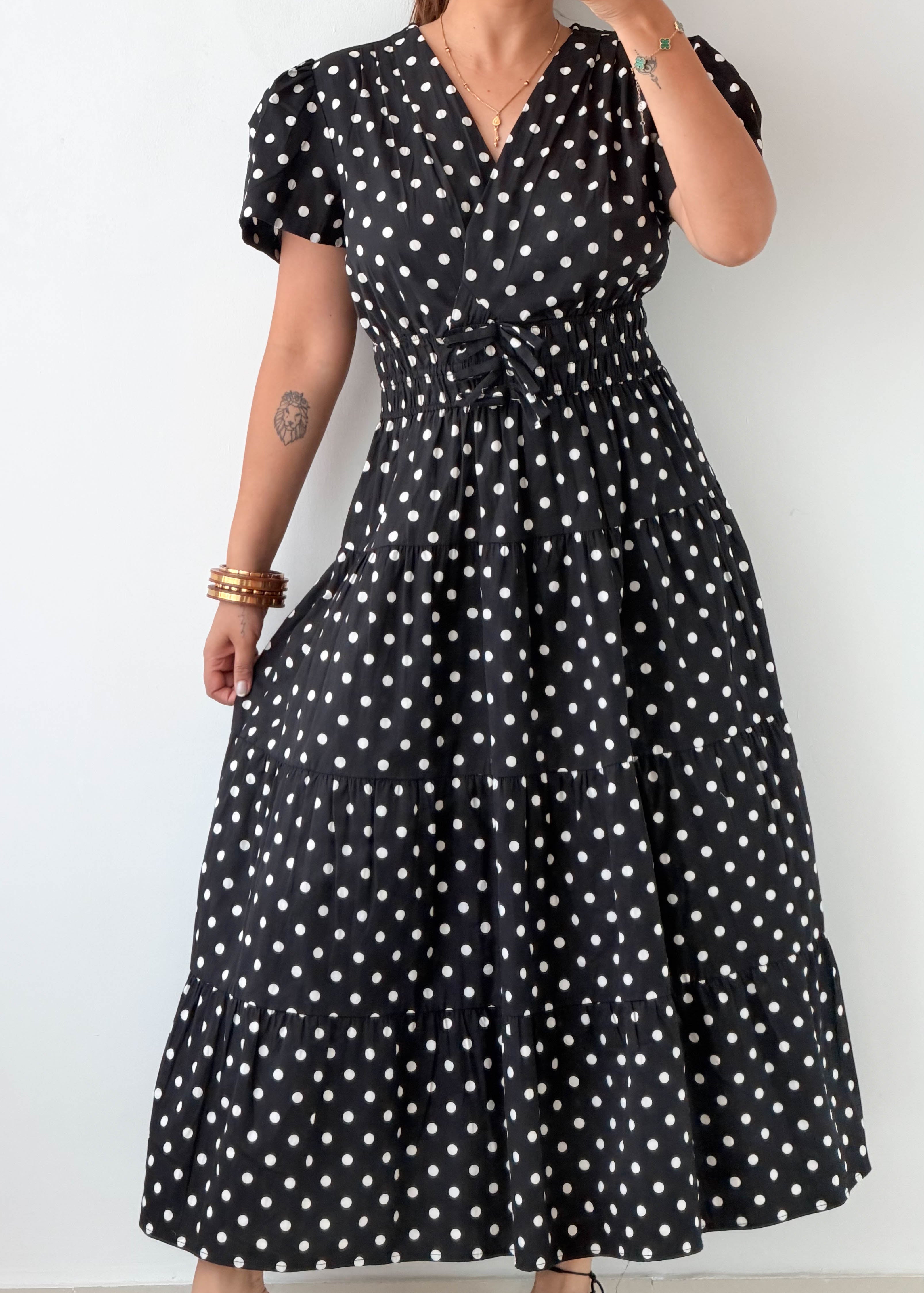 Size M-L Black Polka Dot Midi Dress