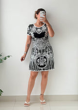 Size M-L Black & White Baroque Print Knit Mini Dress