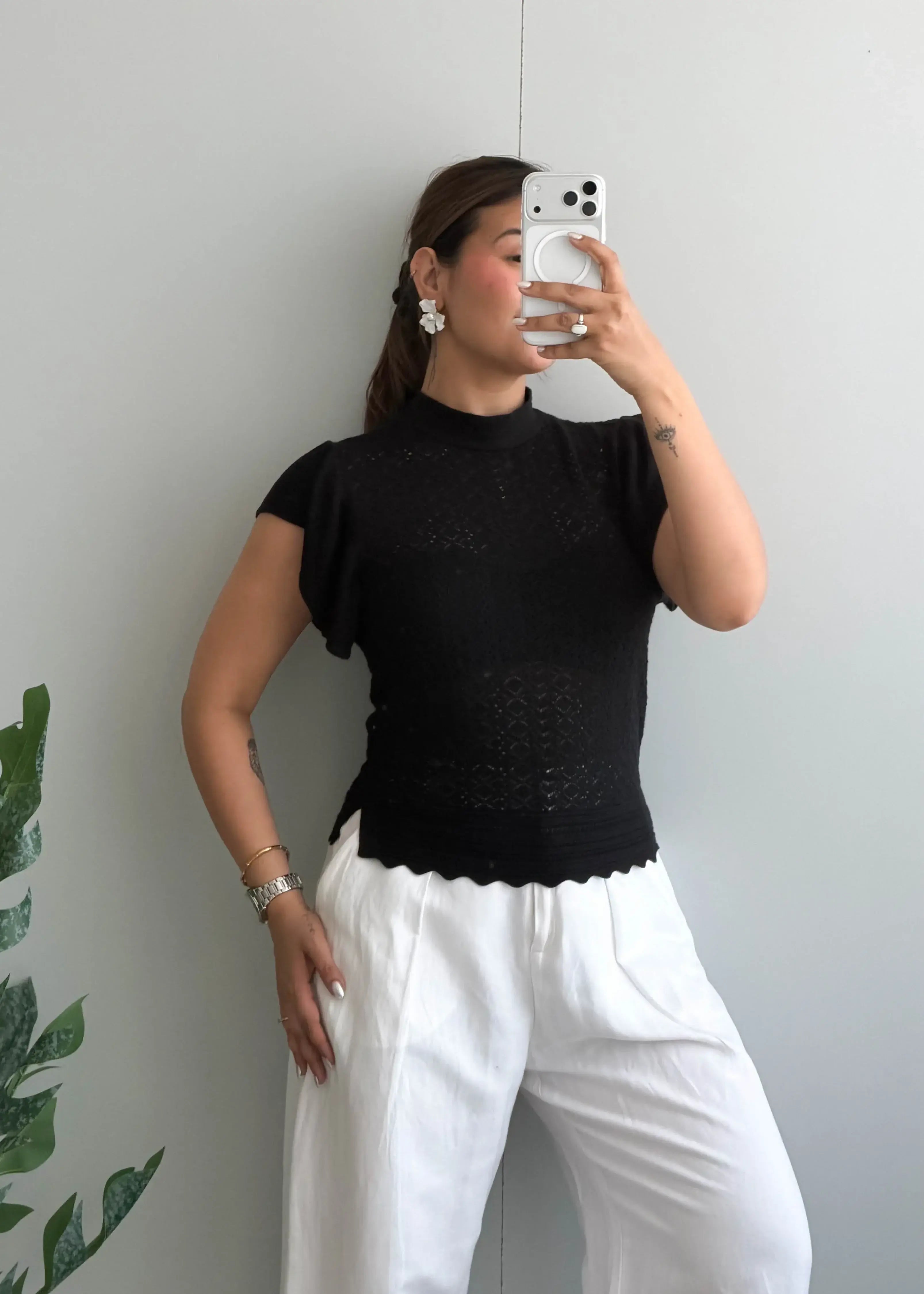 Size S-M, Black High Neck Textured Top - Closet by Payal