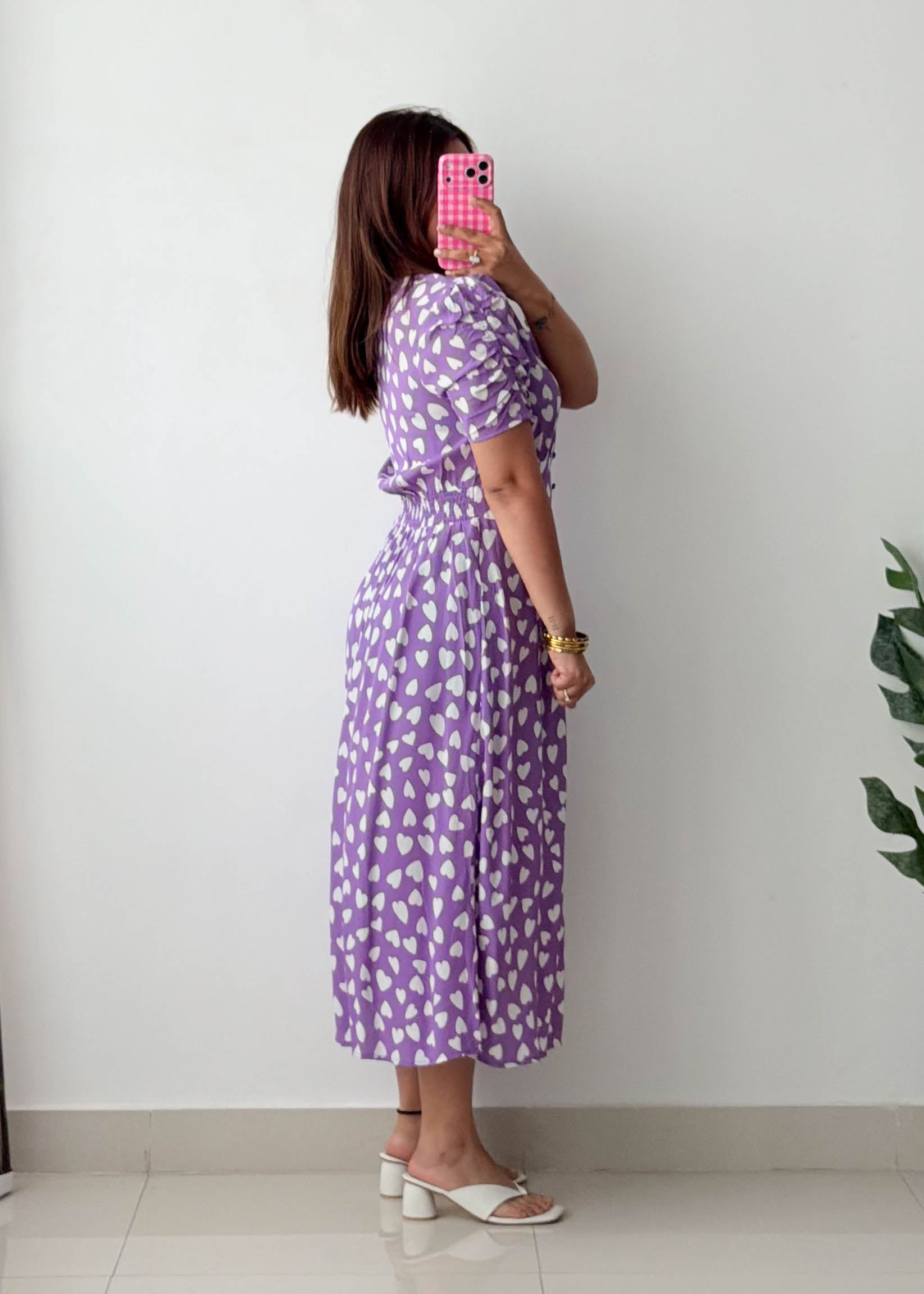 Size M-L Lilac Heart Print Midi Dress