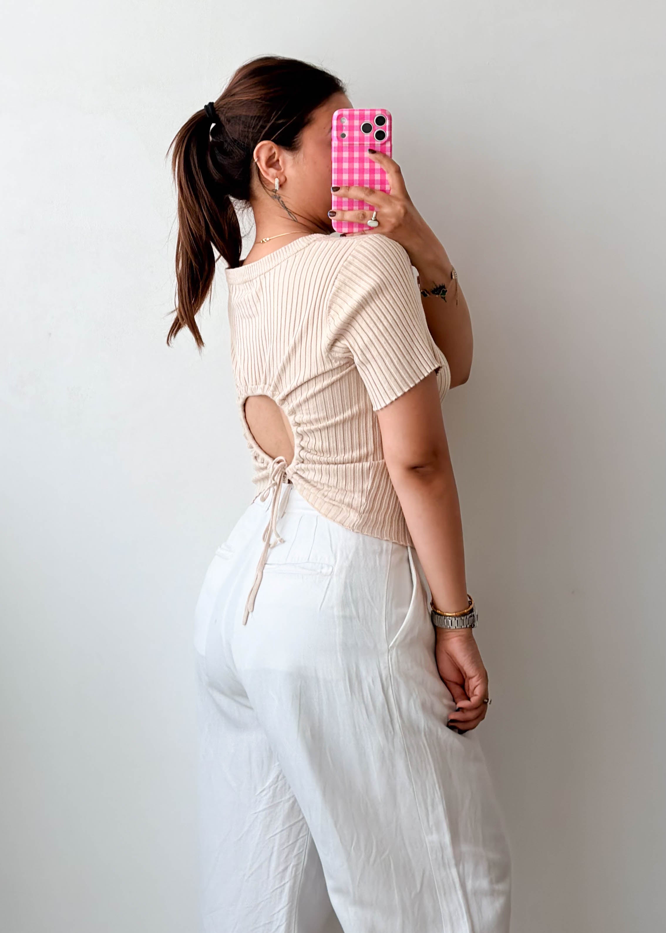 Size L-XL Beige Open Back Ribbed Top