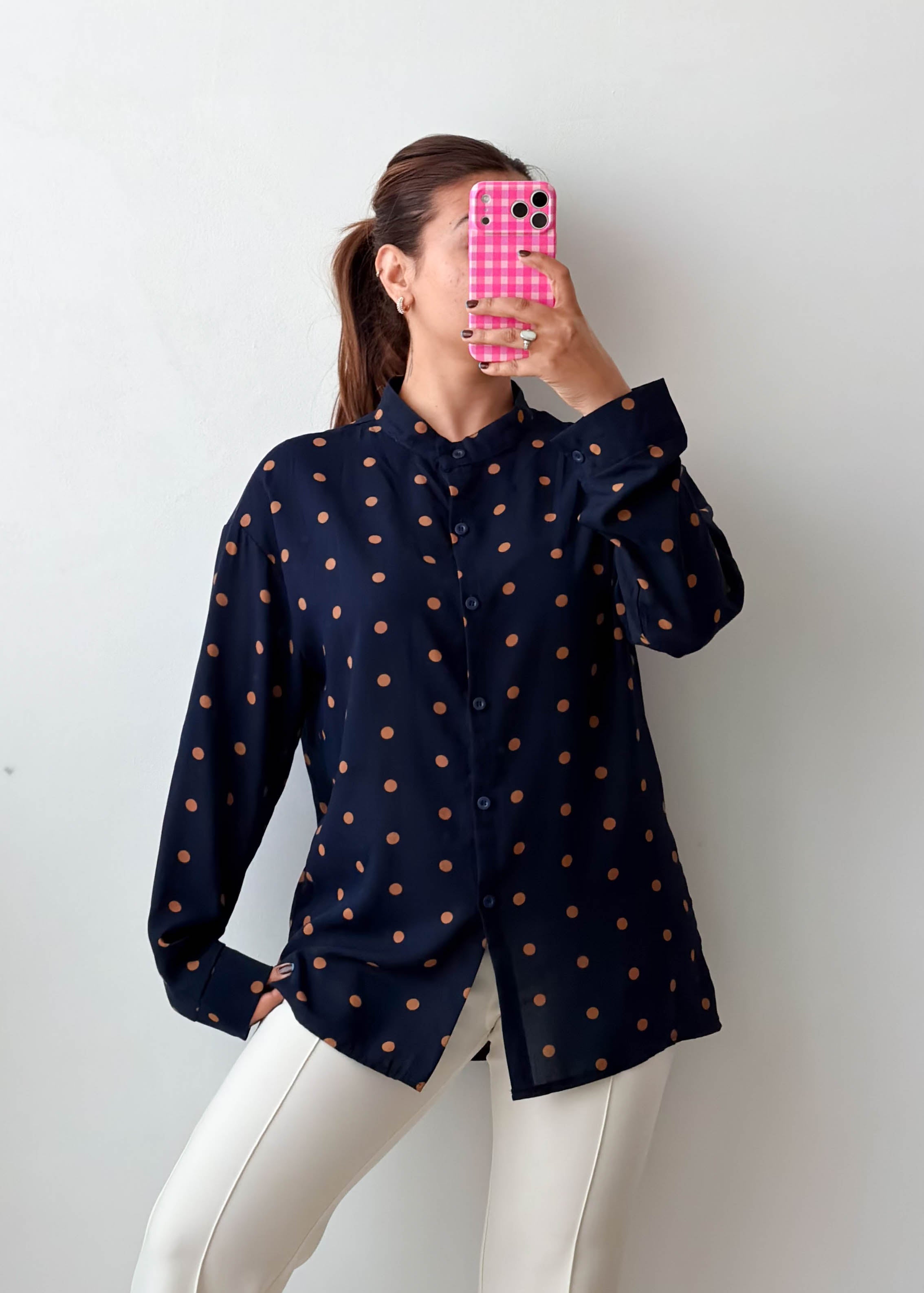 Size M-L Navy Brown Polka Dot Shirt Top