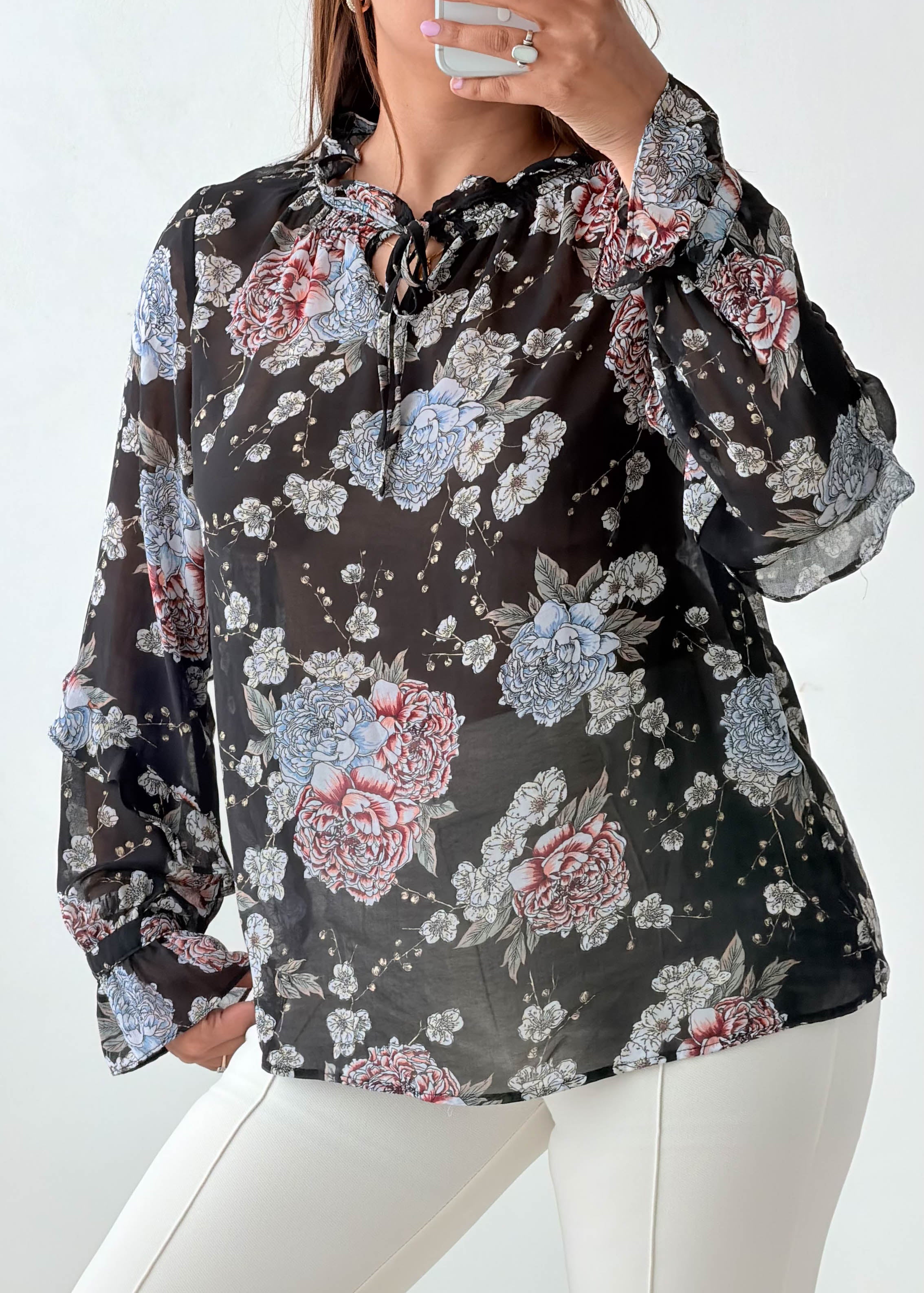 Size XS-S Black Floral Sheer Blouse