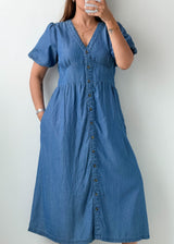 Size M Blue Denim Button-Front Midi Dress