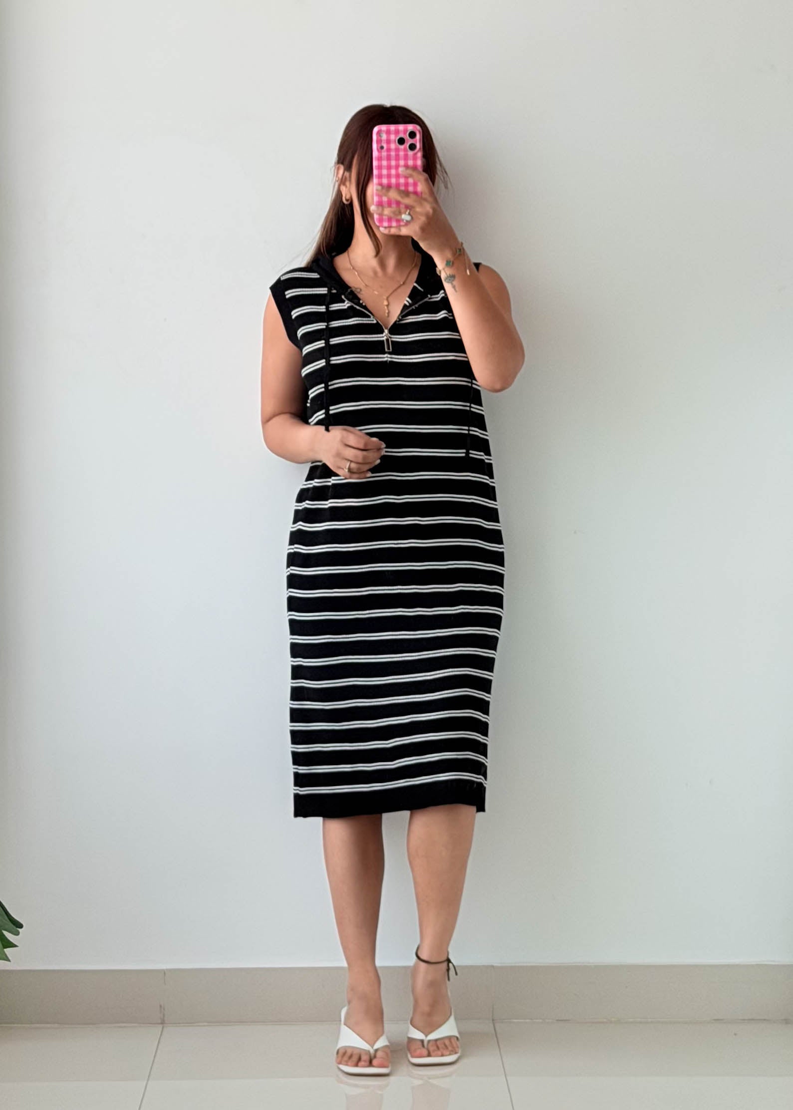 Size M-L Black & White Striped Hooded Dress