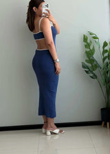 SIZE S-M, Navy Contrast Strap Ribbed Midi Dress - Closet by Payal