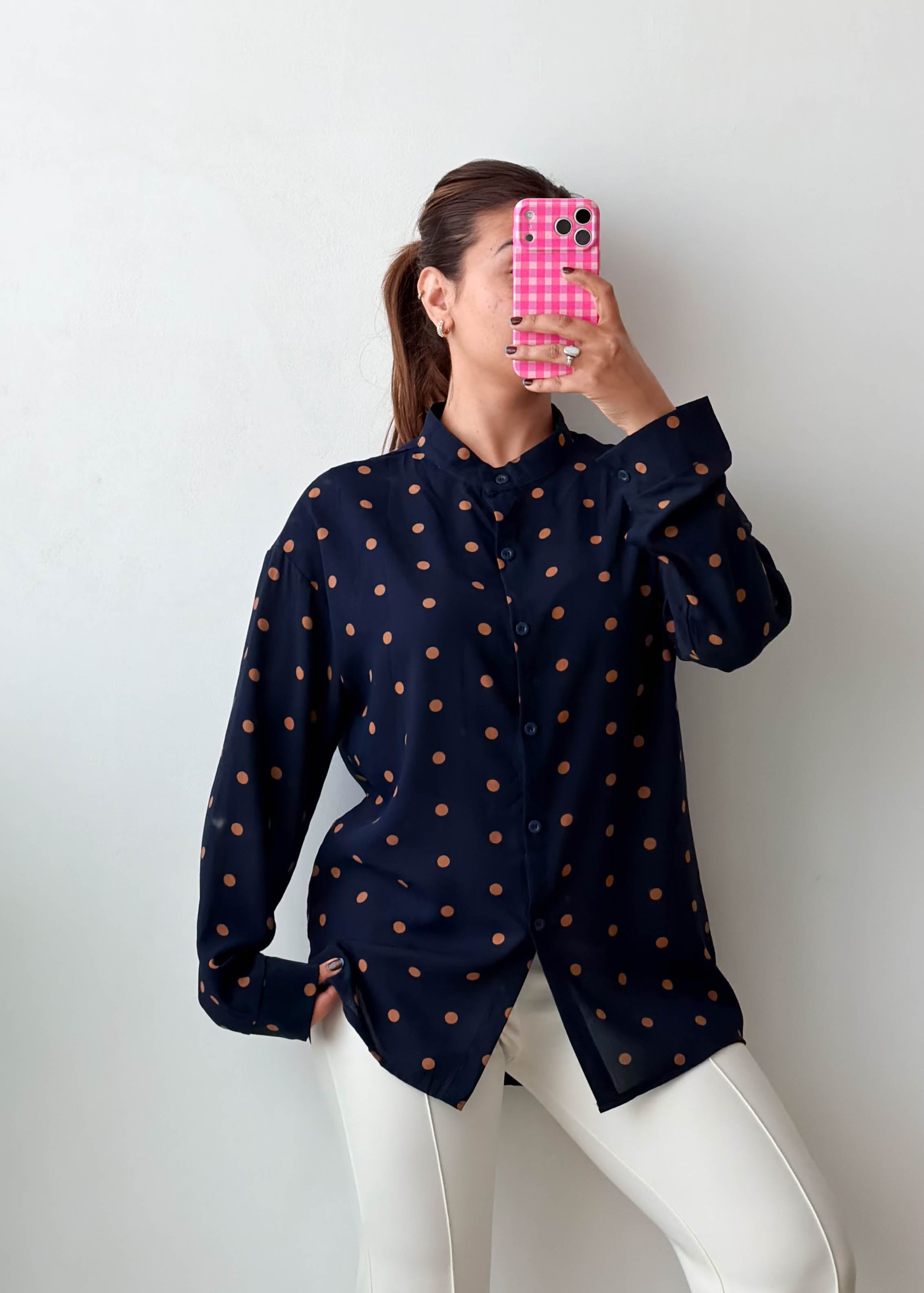 Size M-L Navy Brown Polka Dot Shirt Top
