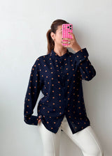Size M-L Navy Brown Polka Dot Shirt Top