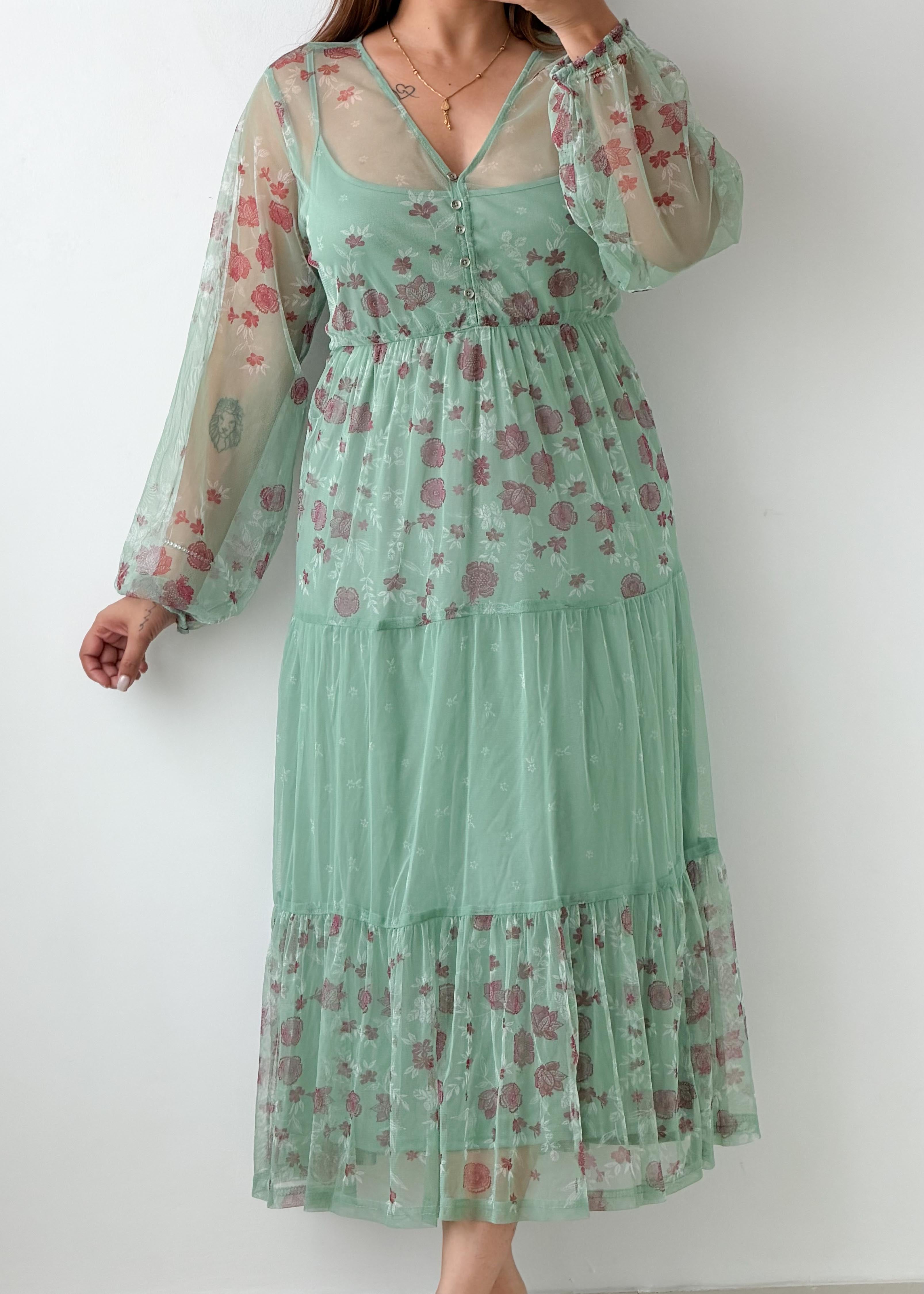 Size XL-2XL Mint Floral Mesh Maxi Dress