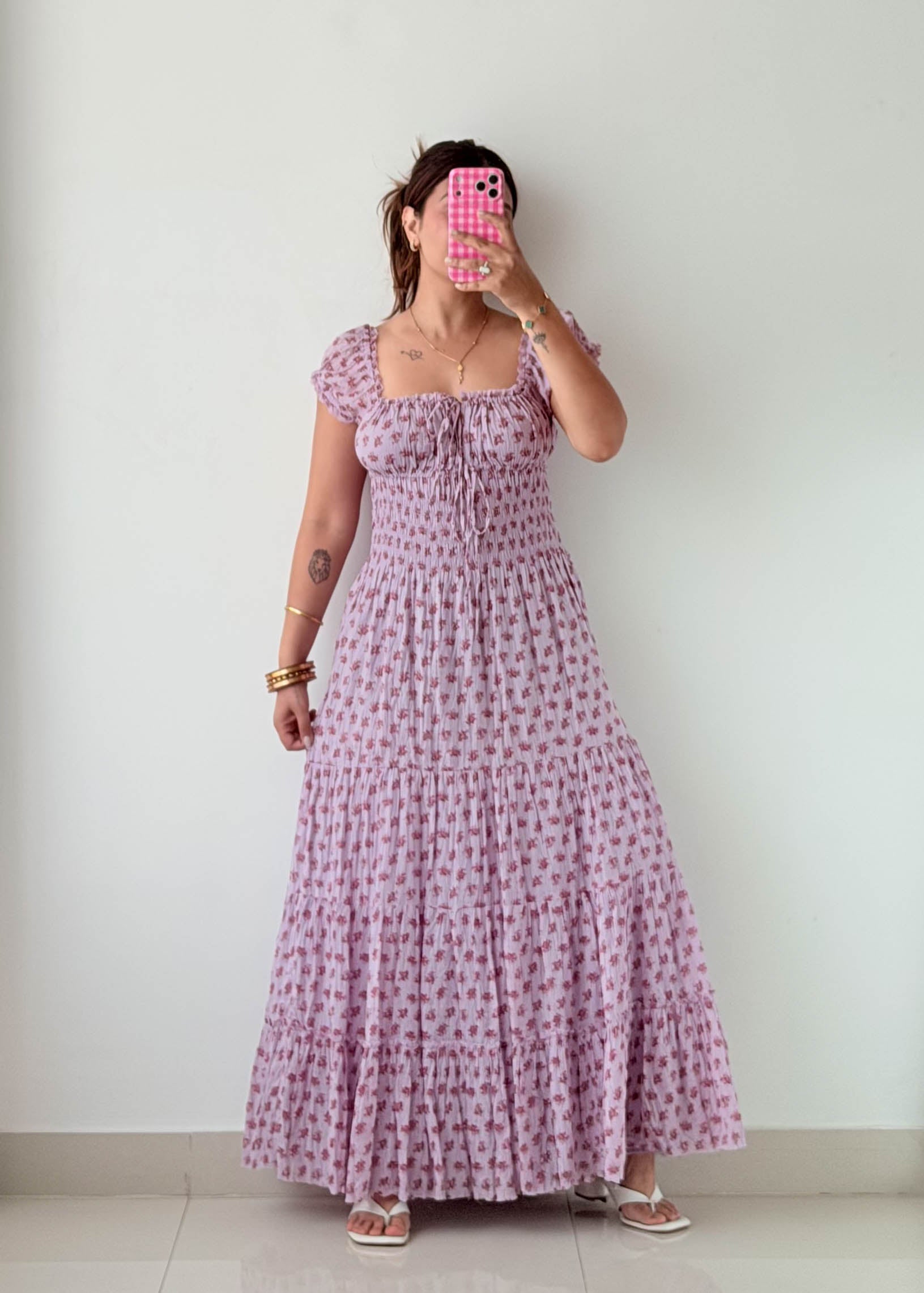 Size S & M Pink Floral Smocked Maxi Dress
