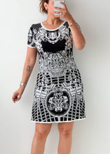 Size M-L Black & White Baroque Print Knit Mini Dress