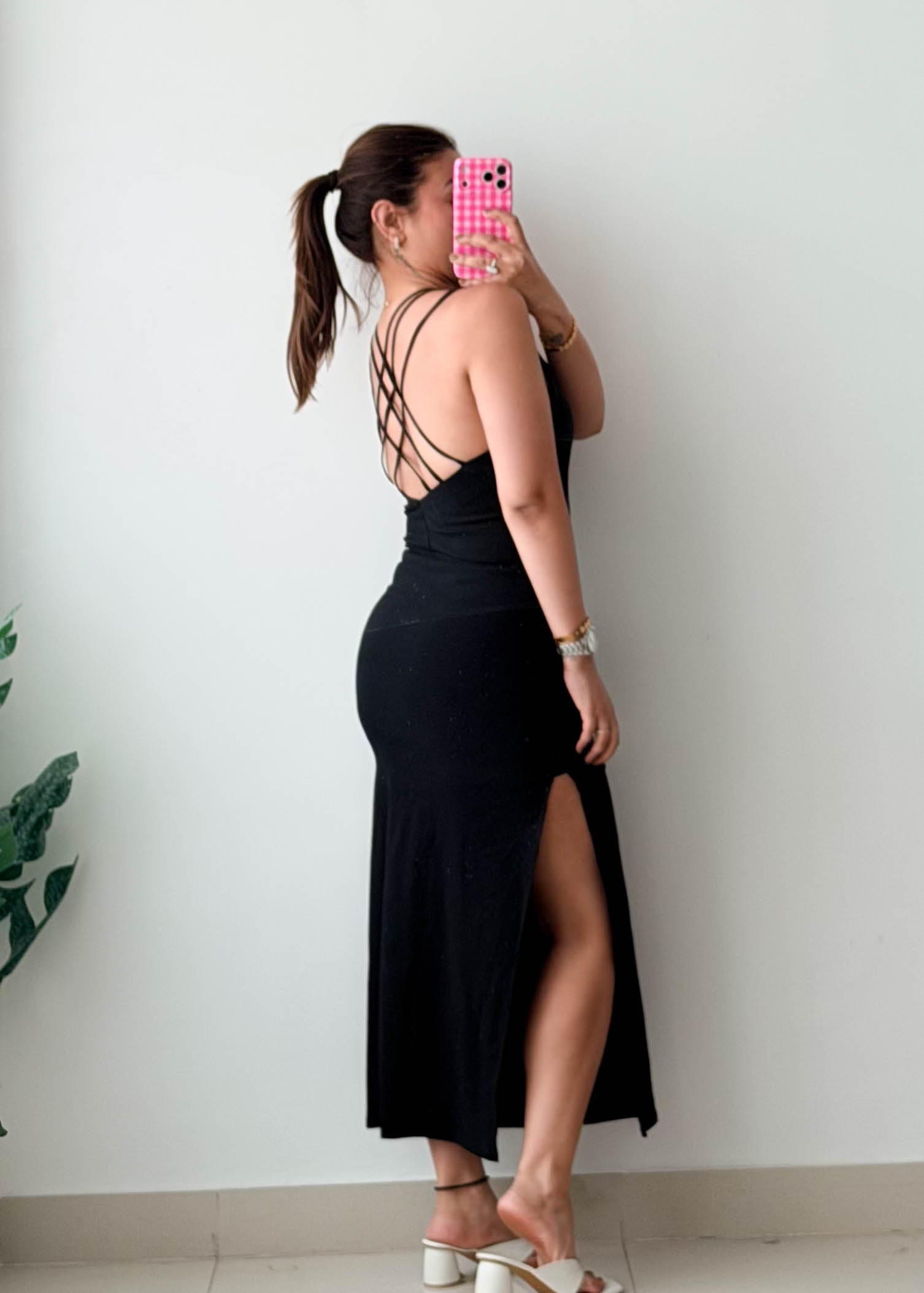 Size S-M Black Strappy Side-Slit Bodycon Maxi Dress