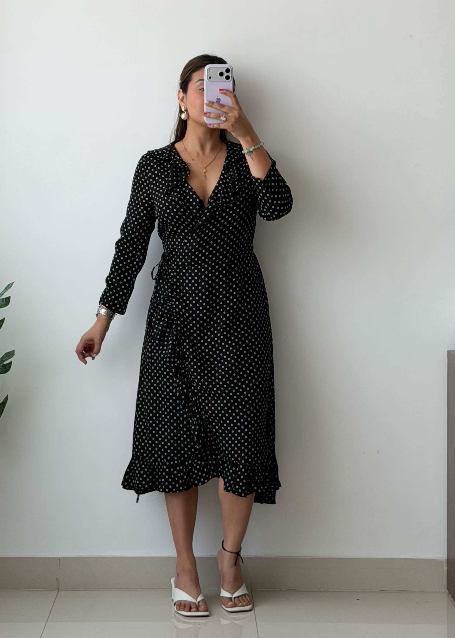 M-L Black White Polka Dot Wrap Dress