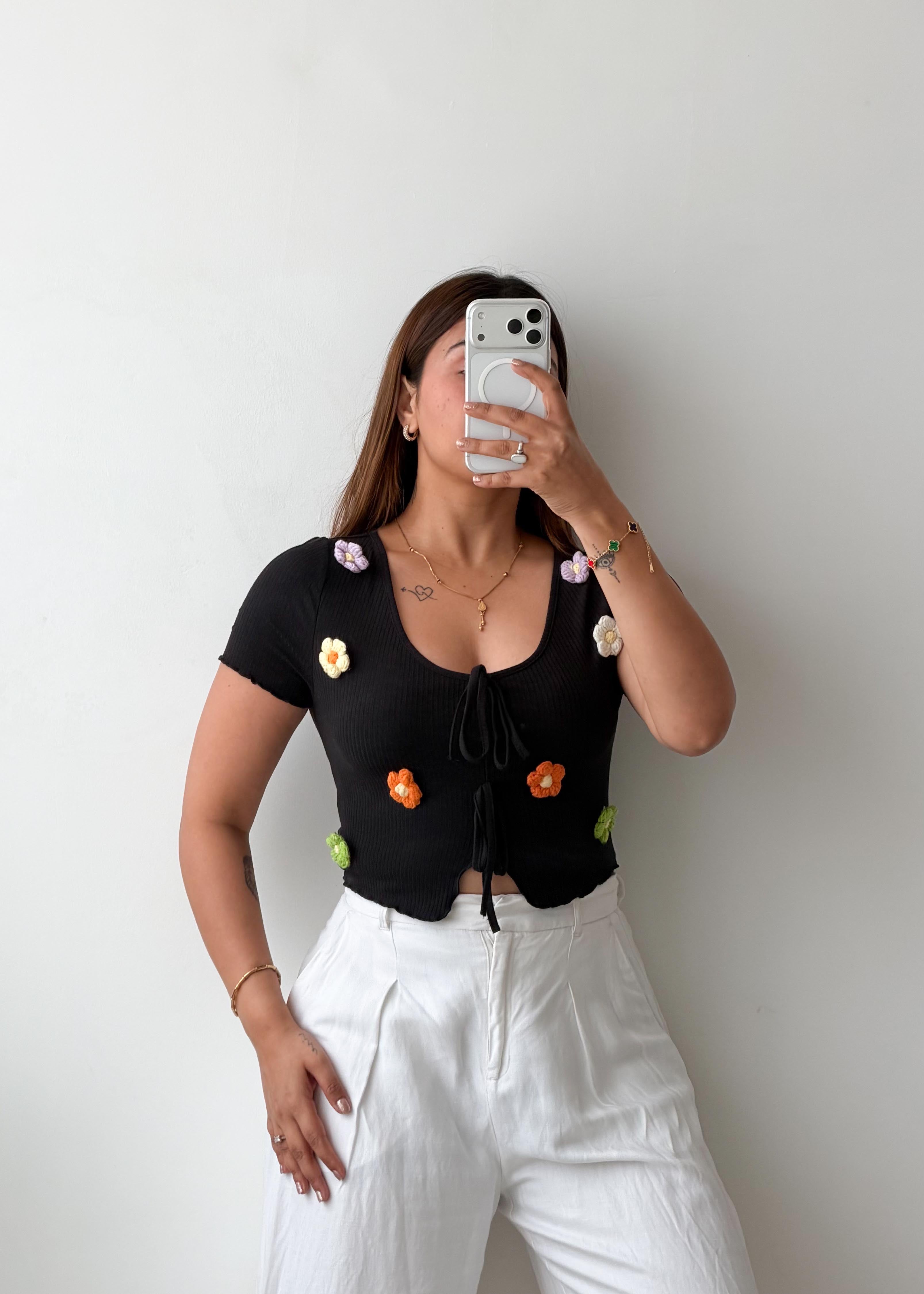 Size S-M Black Floral Appliqué Tie Front Top