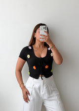 Size S-M Black Floral Appliqué Tie Front Top