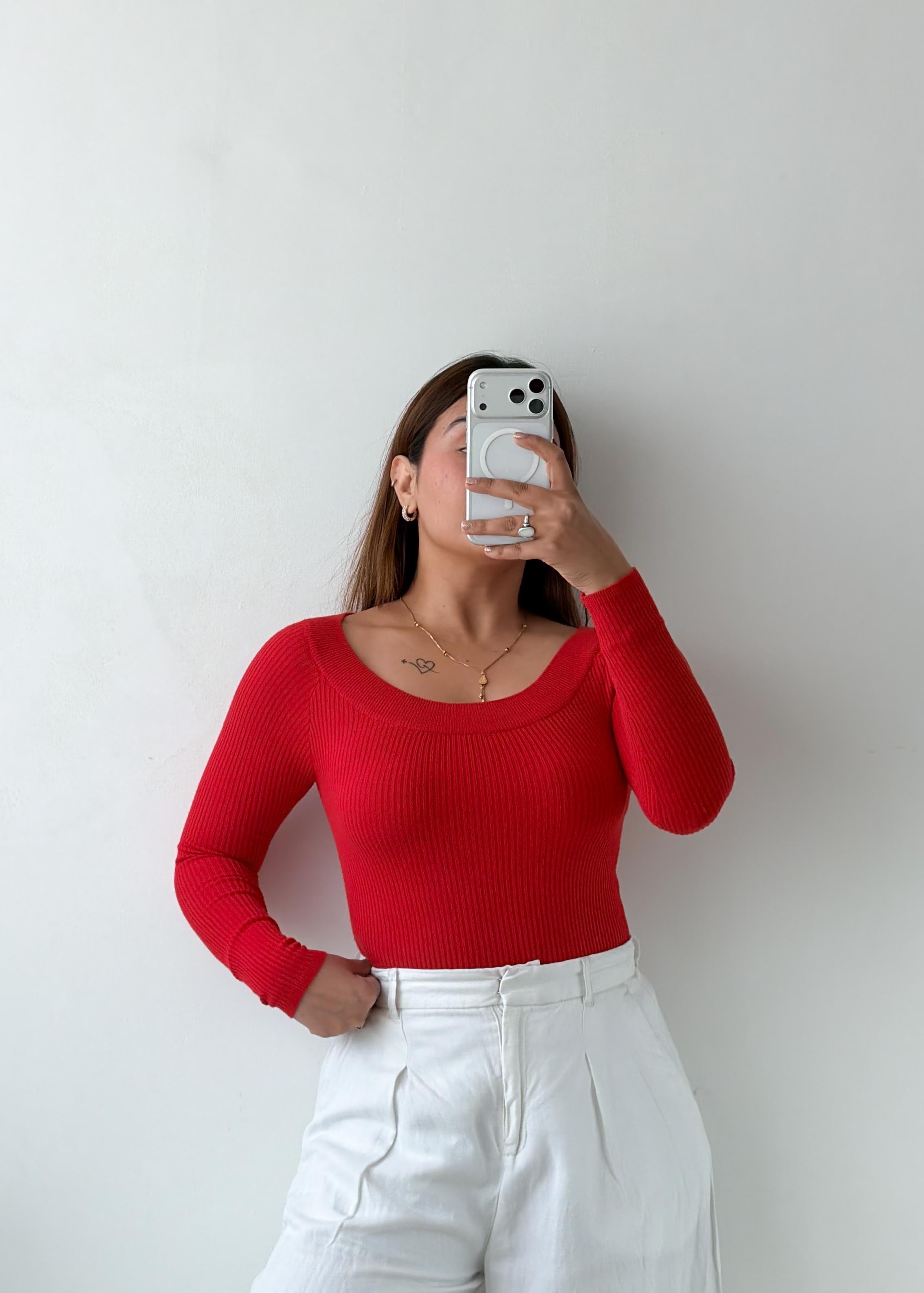 Size S-M Red Ribbed Long Sleeve Top