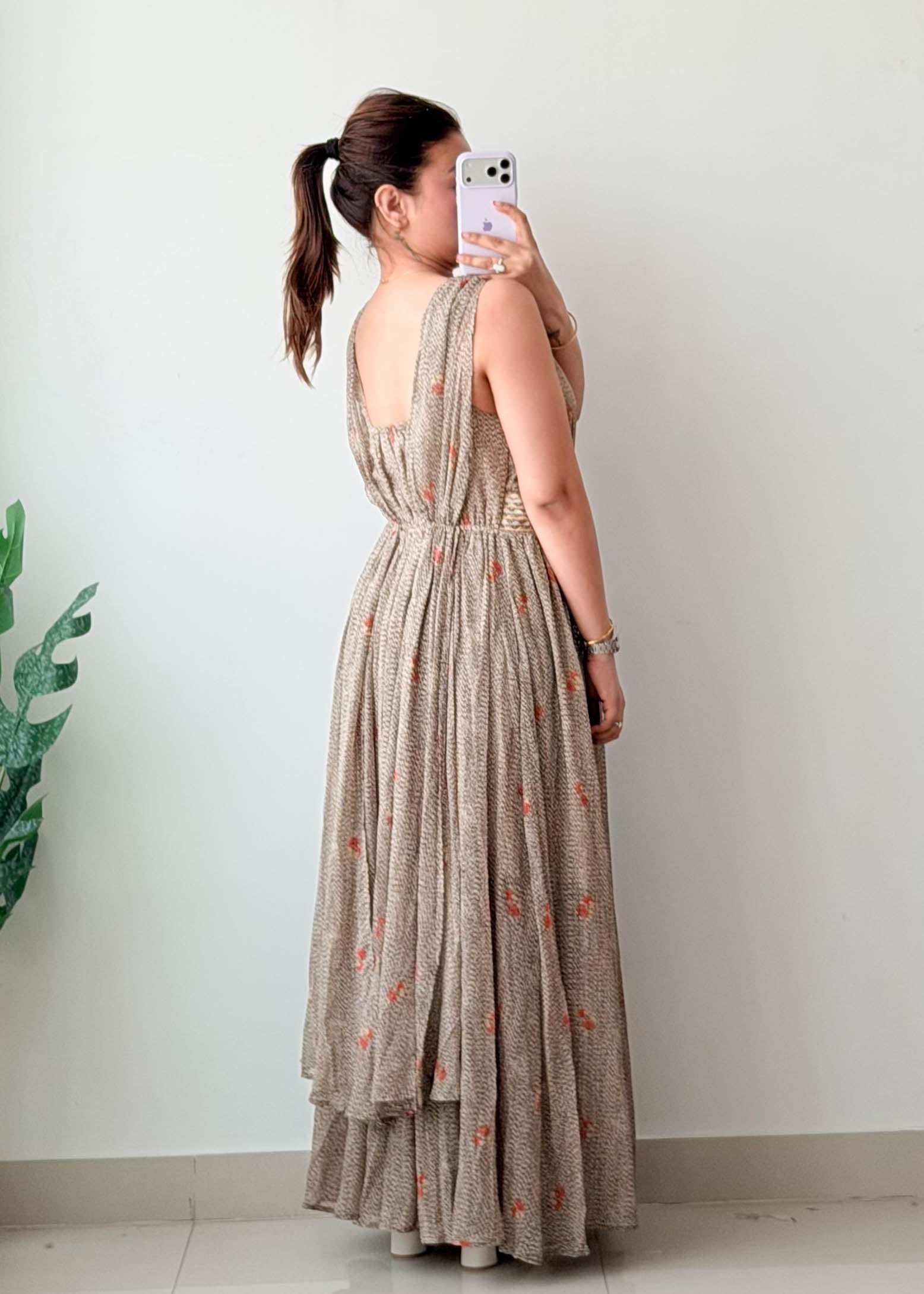 Size L-XL Beige Printed Maxi Dress