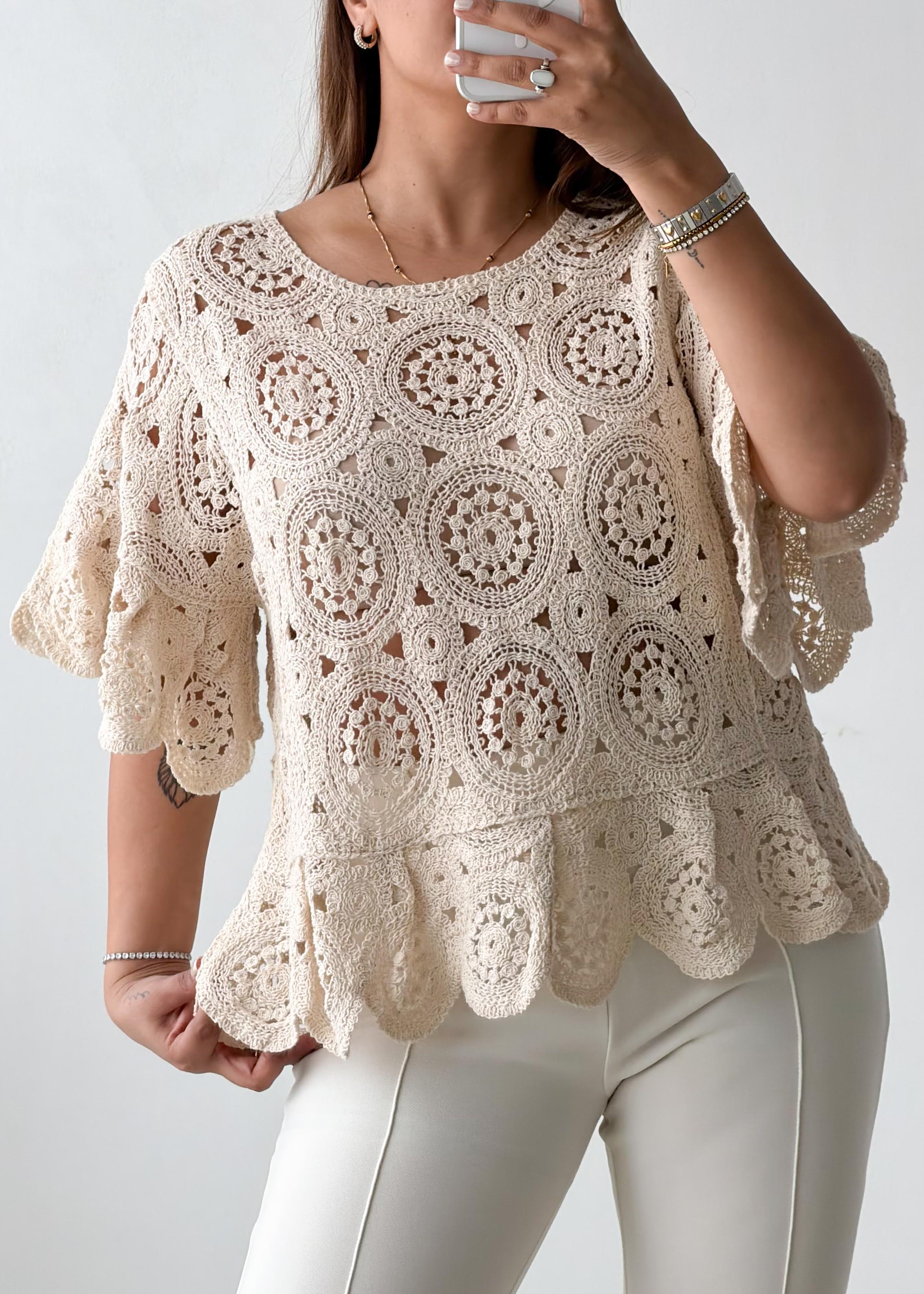 Size M-L Cream Crochet Peplum Top