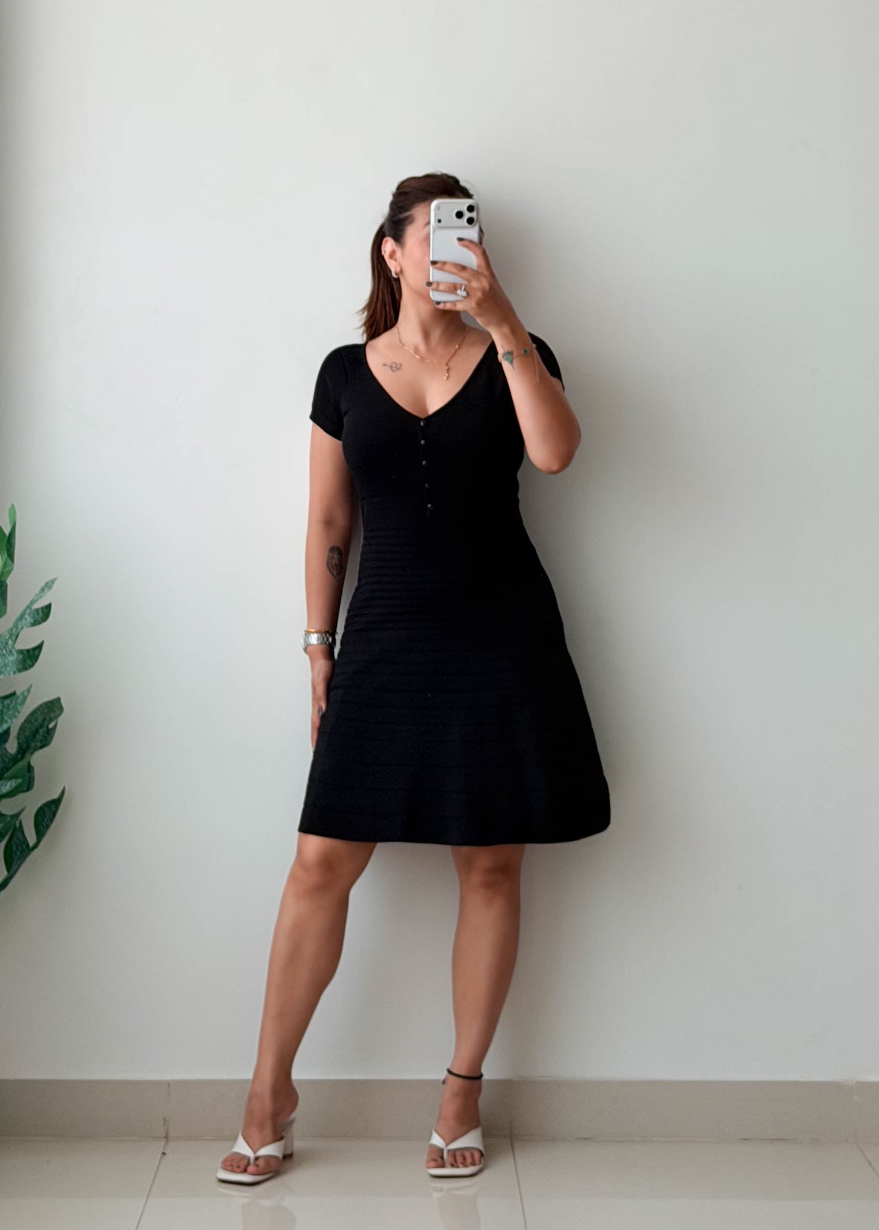 Size S-M Black Button Detail Fit & Flare Dress
