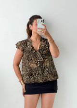 Size M-L Brown Leopard Ruffle Blouse