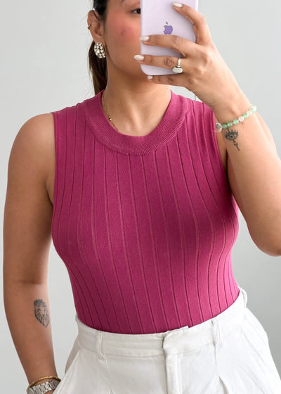 Size M-L, Magenta Ribbed Sleeveless Top - Closet by Payal
