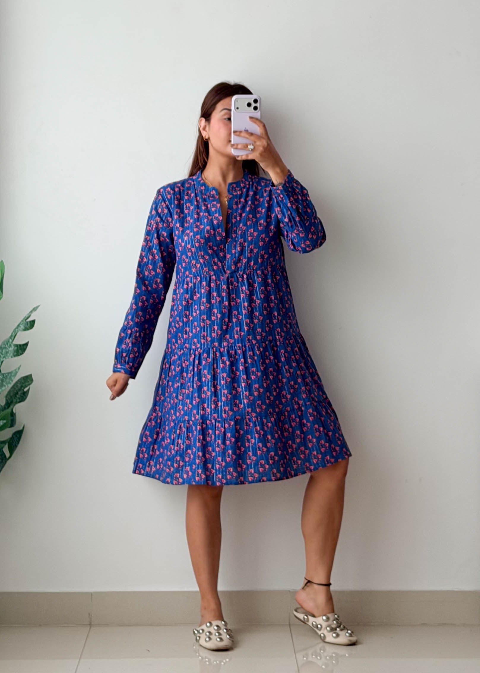 Size XS-S Blue Floral Tiered Mini Dress
