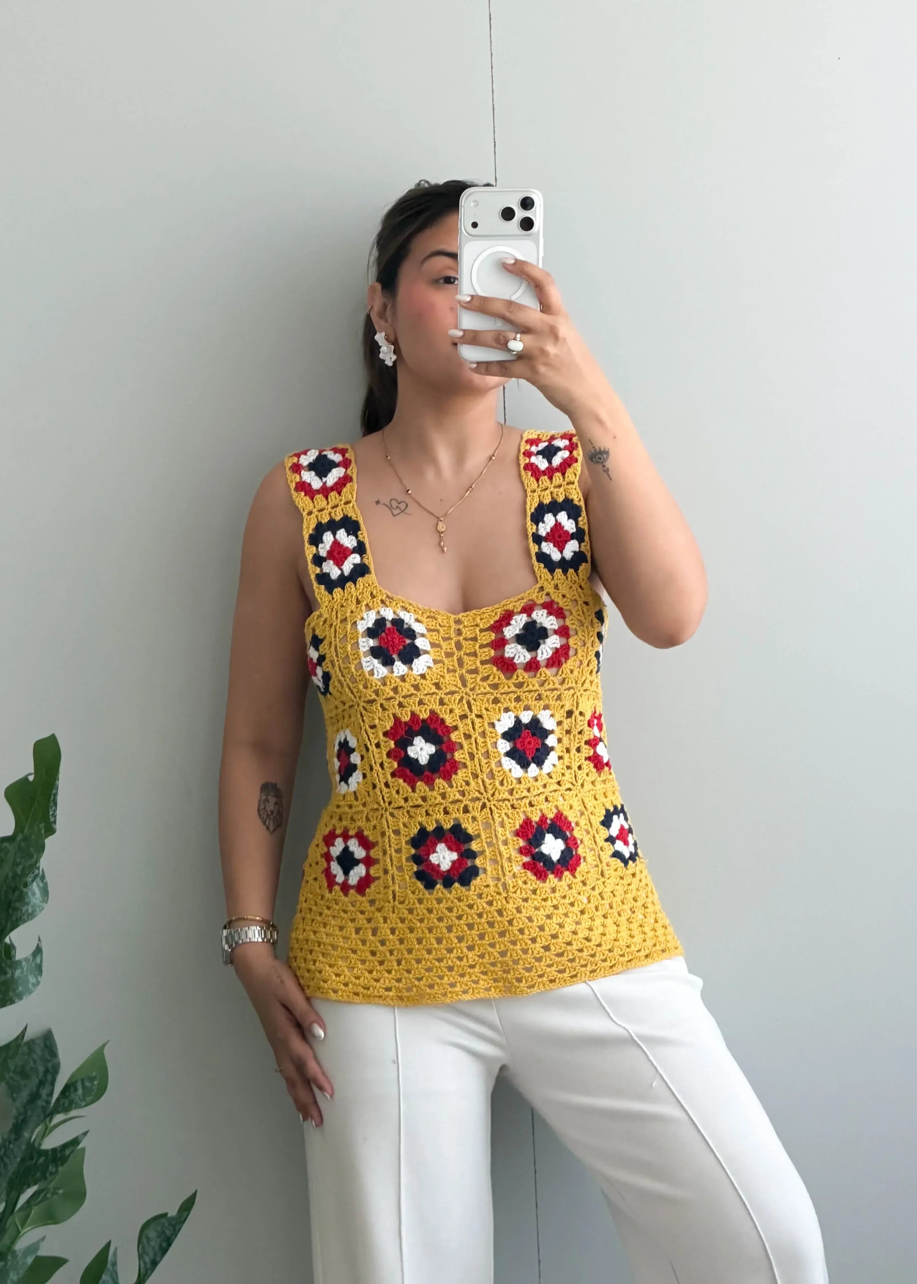 Size S-M, Mustard Crochet Patchwork Tank Top - Closet by Payal