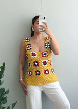 Size S-M, Mustard Crochet Patchwork Tank Top - Closet by Payal