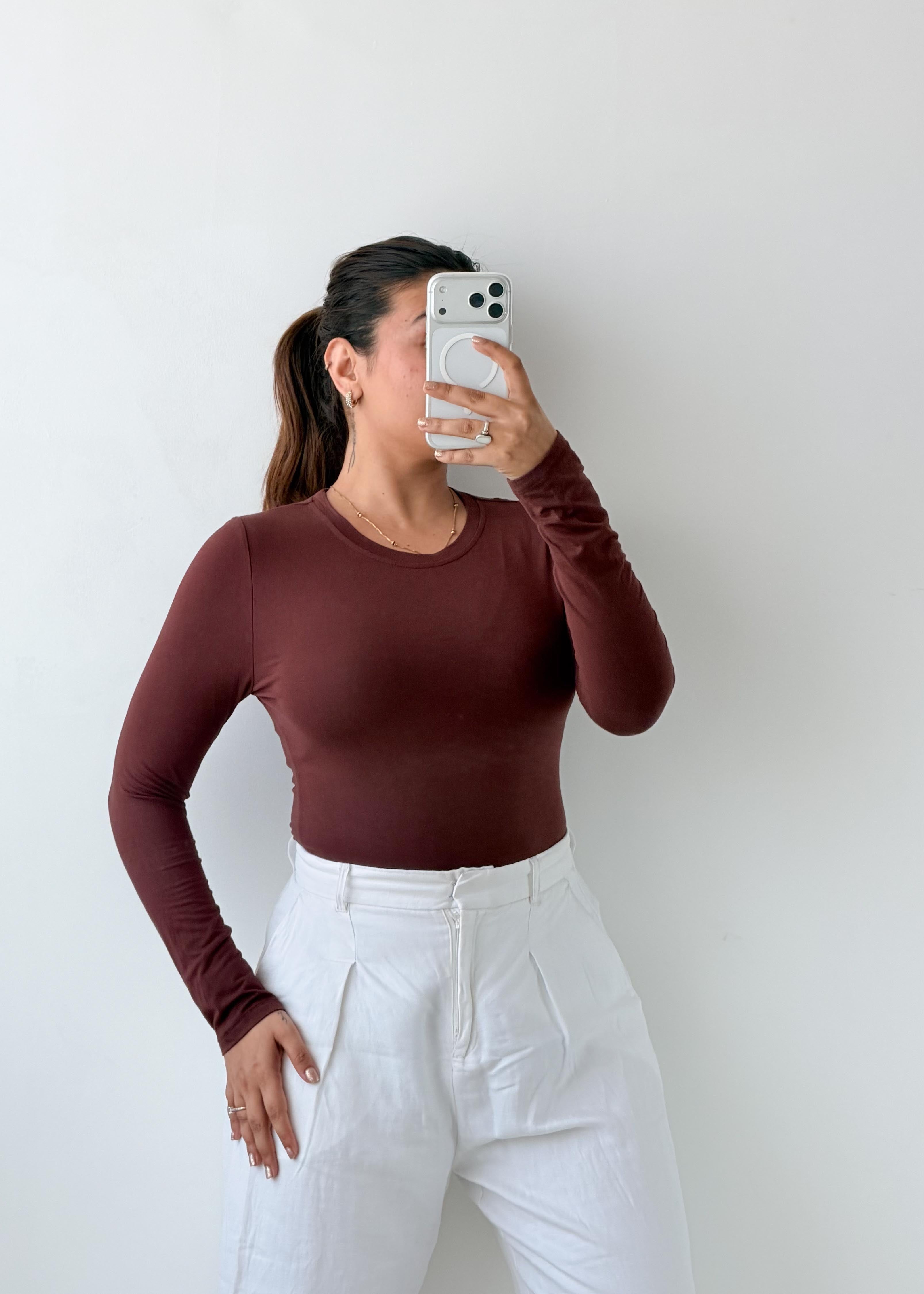 Size M-L Chocolate Brown Long Sleeve Bodysuit
