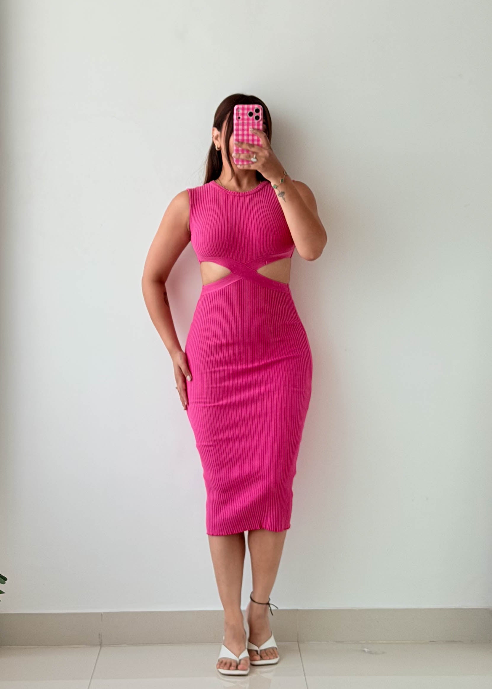 Size XS-S Pink Cut-Out Ribbed Midi Dress