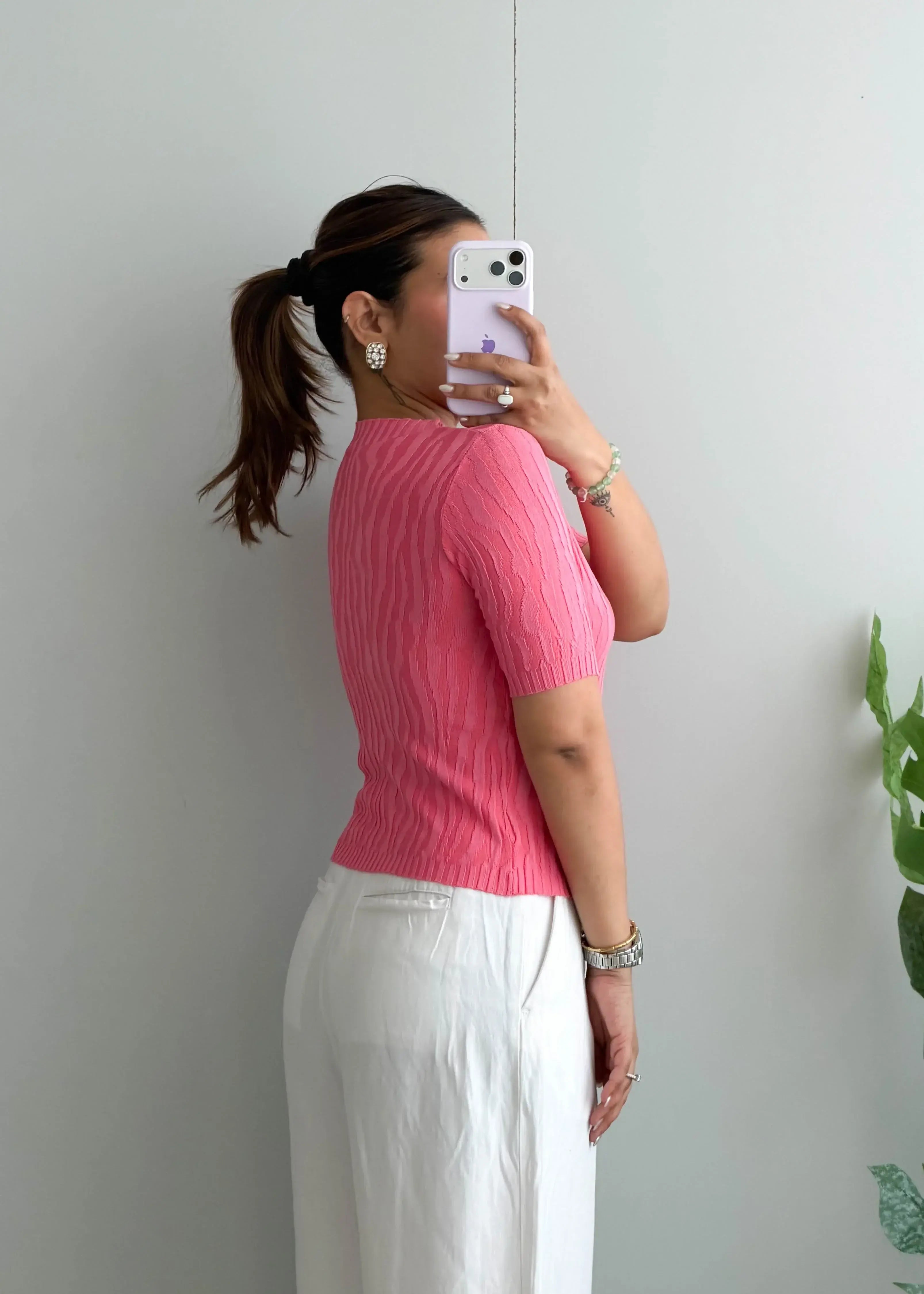 Size S-M, Pink Short Sleeve Ribbed Top - Closet by Payal