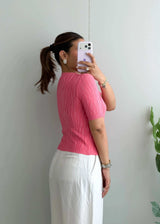 Size S-M, Pink Short Sleeve Ribbed Top - Closet by Payal
