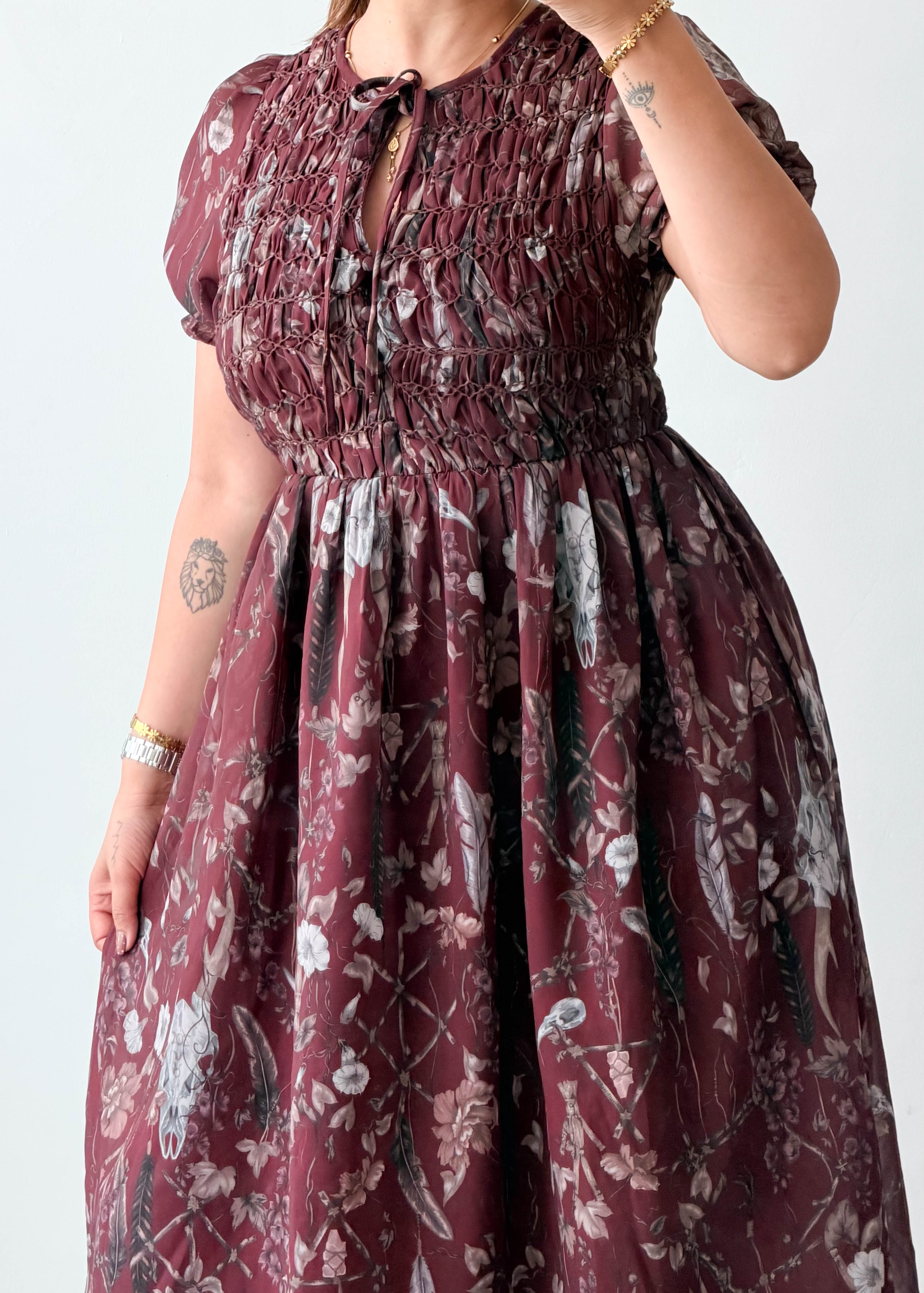 Size M-L Burgundy Floral Organza Midi Dress