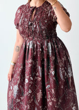 Size M-L Burgundy Floral Organza Midi Dress