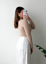 Size XS-S, Beige Scoop Neck Full Sleeve Bodysuit