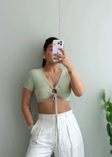 Size XS-S, Sage Tie Front Ribbed Crop Top - Closet by Payal