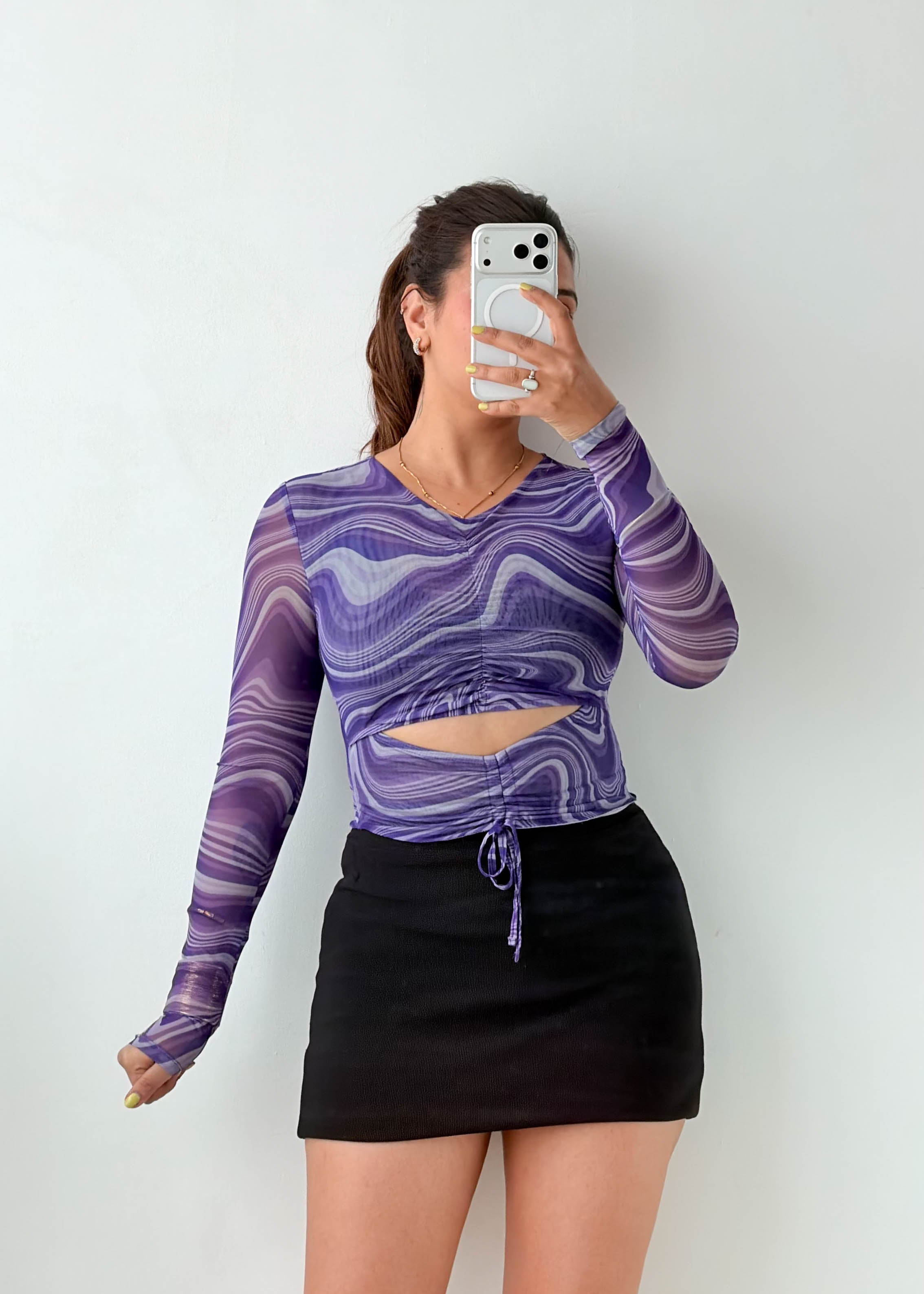 Size XS-S Purple Marble Cut-Out Mesh Top