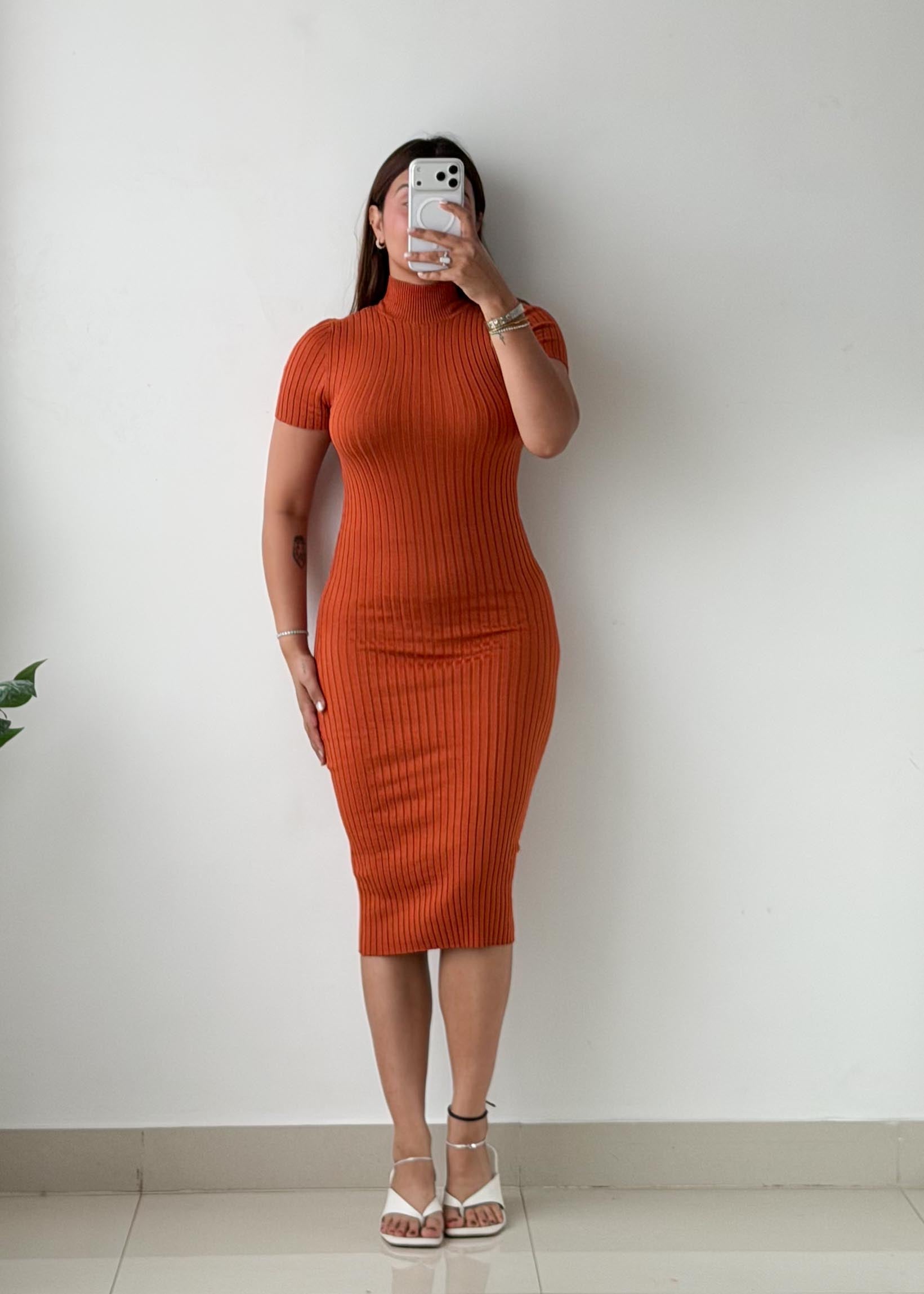 Size XS-S Rust Ribbed Knit Midi Dress