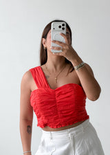 Size M Red Ruched One-Shoulder Top