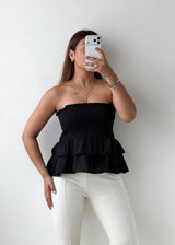 Size S-M Black Smocked Peplum Tube Top