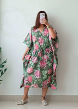 Size XL-3XL Green Floral Cotton Kaftan Dress