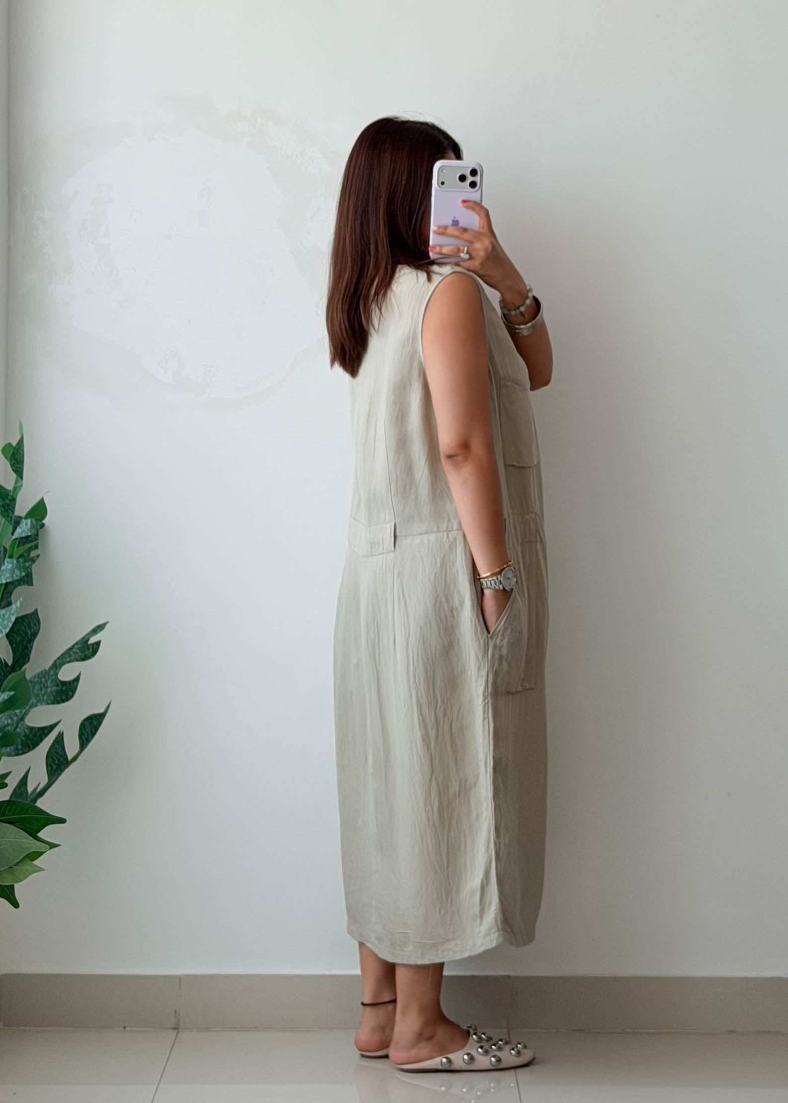 Size M-L Cotton Beige Utility Midi Dress