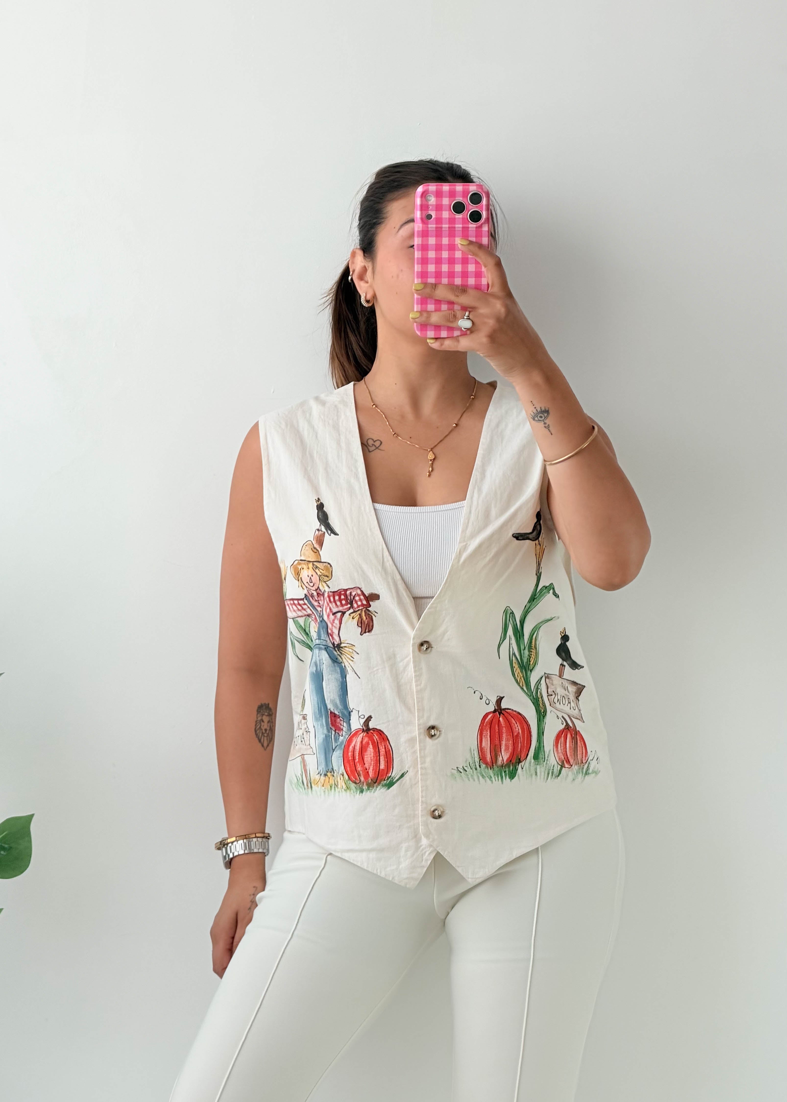 Size L-XL White Printed Button Vest