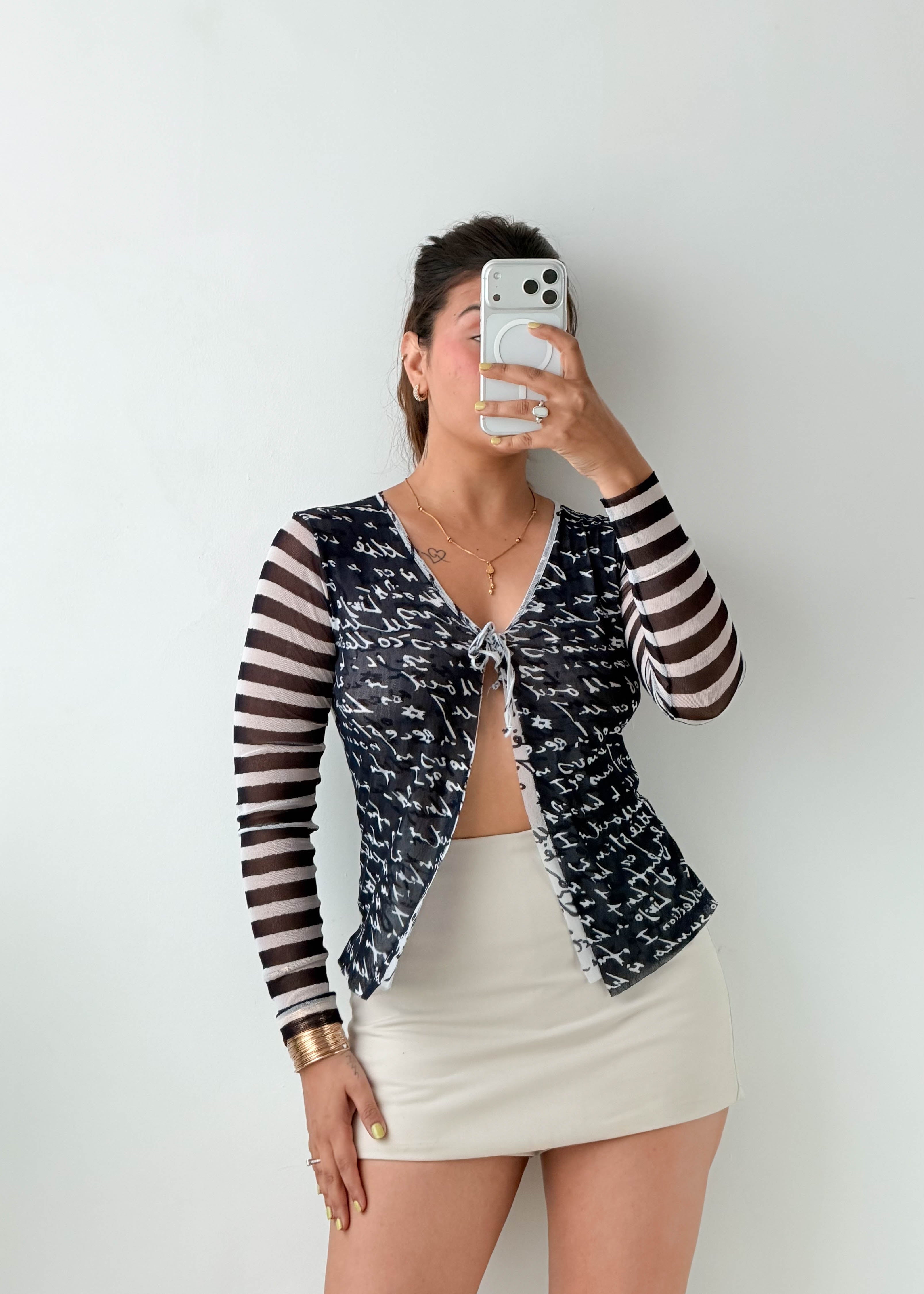 Size XS-S Black Mixed Print Sheer Tie-Front Mesh Top