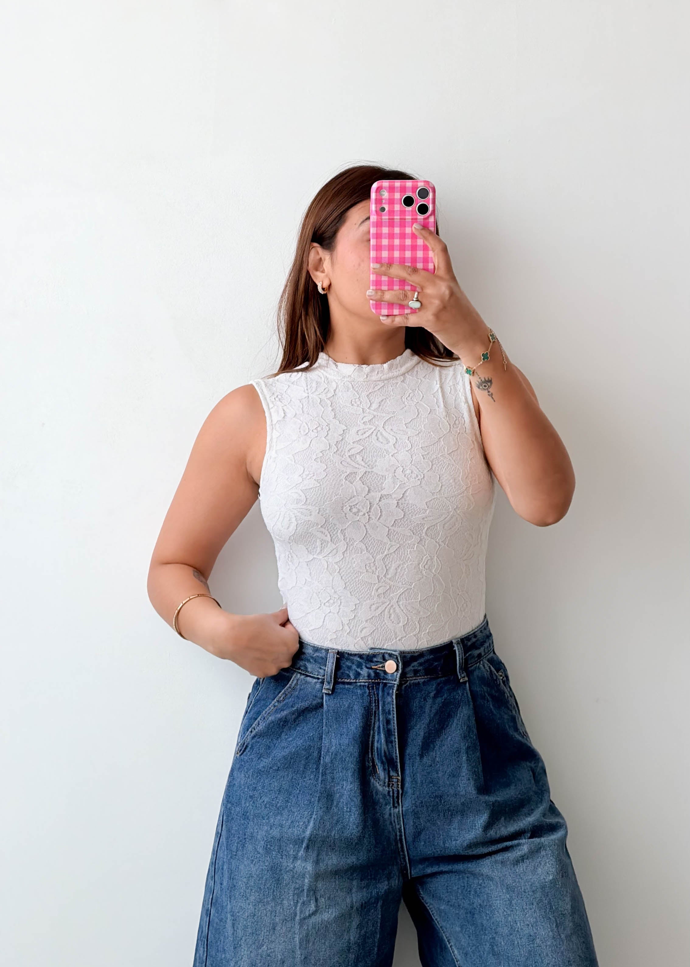 Size XS-S White Lace High Neck Bodysuit